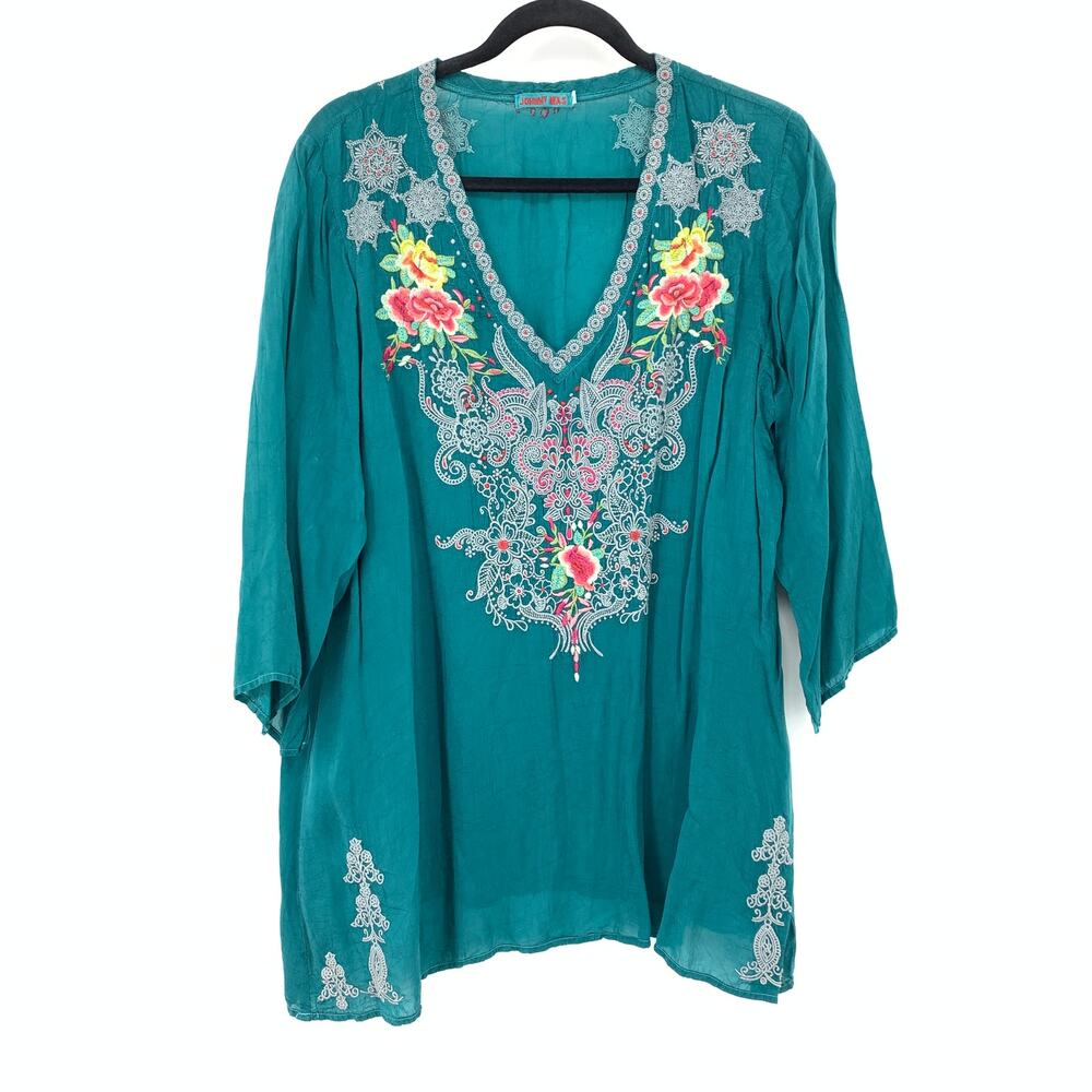 Johnny Was Tunic Top Womens L Teal Floral Embroidered Boho V Neck Blouse